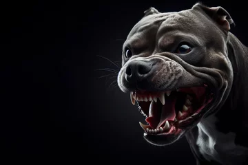 Fotobehang an angry aggressive pit bull terrier type dog snarling isolated on solid black background. ai generative © Igor
