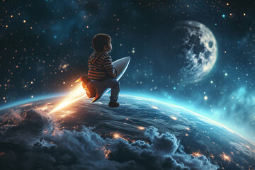 Illustration of a little boy flying on a rocket to the moon, fantastic childhood dreams or daydreams. - obrazy, fototapety, plakaty
