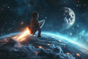 Fotobehang Illustration of a little boy flying on a rocket to the moon, fantastic childhood dreams or daydreams. © Olga