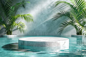 Fototapeta na wymiar Marble podium stand in the water of a swimming pool with palm leaves. Summer tropical background for product placement with free space for copy text.