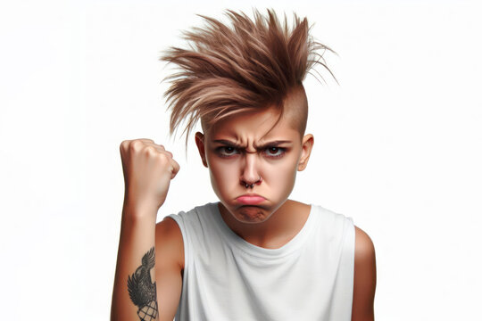angry girl with mohawk hair isolated on solid white background. ai generative