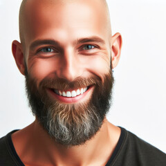 bald happy man, no hair problems on solid white bright background. ai generative