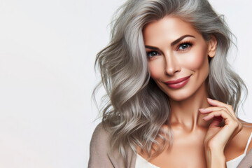 Fototapeta premium Beautiful gorgeous gray-haired woman on solid white bright background. ai generative