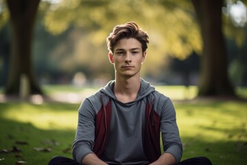 Portrait of a relaxed boy in his 20s practicing yoga in a park. With generative AI technology
