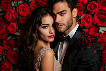 Ravishing Romance: Stylish Pair on a Red Canvas
