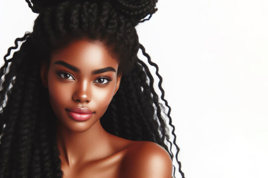 portrait of beautiful black african american woman with curly long braids and bun. ai generative
