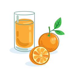 A large glass of orange juice and a fresh orange. Picture in line style. Dark outline with colored spots. Isolated on white background. Vector flat illustration. - obrazy, fototapety, plakaty