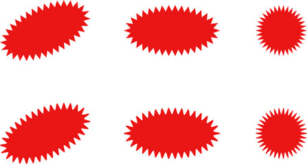 Starburst red sticker set - collection of special offer sale oval and round shaped sunburst labels and badges. Promo stickers with star edges. Vector.