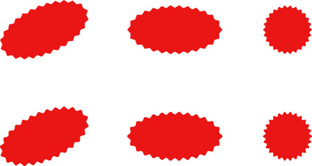 Starburst red sticker set - collection of special offer sale oval and round shaped sunburst labels and badges. Promo stickers with star edges. Vector.