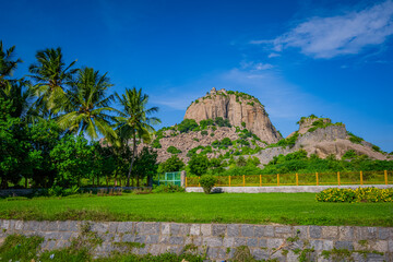 Gingee Fort or Senji Fort in Tamil Nadu, India. It lies in Villupuram District, built by the kings of konar dynasty and maintained by Chola dynasty in 9th century AD. Archeological survey of india. - obrazy, fototapety, plakaty