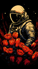 Astronaut in a Spacesuit and Beautiful Holiday Tulips in Space. Illustration Concept for Celebrating Cosmonautics Day. Space Exploration, Satellite Launch, Flight to the Moon. Vertical Banner
