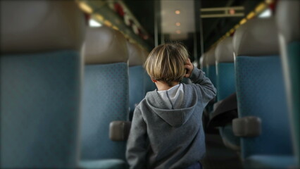Back of little boy walking in train corridor while traveling inside high-speed transportation in...
