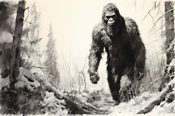Majestic Bigfoot Looming in Snowy Forest, Intriguing Cryptid Encounter Illustration, Evocative of Myth and Wilderness Mystery, Black and White, Retro