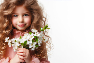 Naklejka premium little girl with curly hair and spring blooming flowers on solid white bright background. ai generative