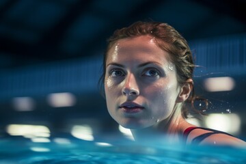 Portrait of an inspired girl in her 30s swimming in an olympic pool. With generative AI technology
