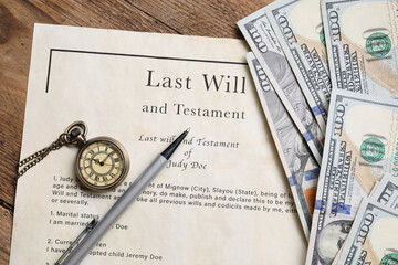 Last Will and Testament, pocket watch, dollar bills and pen on wooden table, flat lay