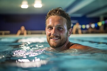 Portrait of a relaxed boy in his 30s swimming in an olympic pool. With generative AI technology