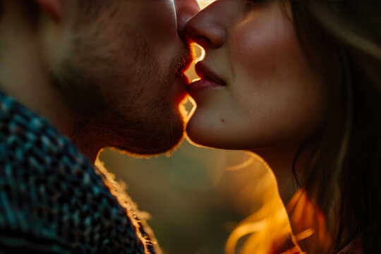 Passionate Sunset Kiss: Intimate Lip Lock at Twilight