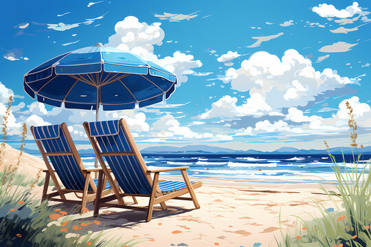 Coastal Bliss Artwork, Blue Beach Umbrella and Wooden Chairs on Pristine Sands, Peaceful Beach Day Scene, Escape to Seaside Serenity