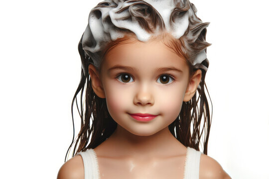 little girl with soaped hair isolated on solid white background. ai generative