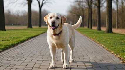 Yellow labrador retriever dog walking in the park