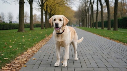 Yellow labrador retriever dog walking in the park