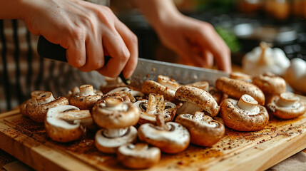 the cook cuts mushrooms on a wooden board - Powered by Adobe