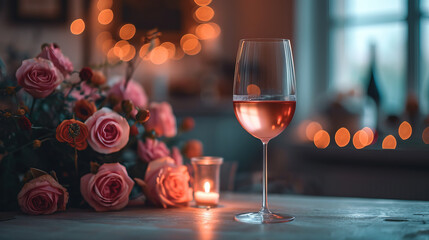 A wine glass amid roses is pure elegance. The slender stem cradles indulgence, mirroring the passion of blossoms. Sipping becomes a dance of flavors, a poetic communion with a floral symphony. Love - obrazy, fototapety, plakaty