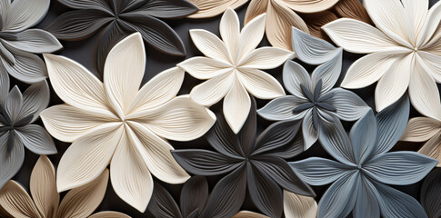 decorative design of colorful floral pattern in white with brown leaves for kitchen, in the style of tropical landscapes, densely textured or haptic surface, light black and gray, carved surfaces