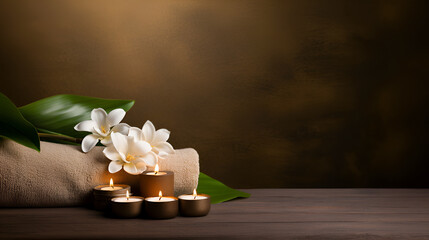 Fototapeta na wymiar Luxury spa concept with serene setting, lots of candles, white orchids and fluffy towels, stone massage and aromatherapy on dark background with space for text.