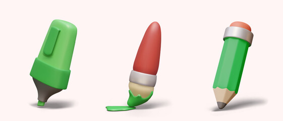 Collection with green marker, wooden paintbrush with paint © ArtHub007