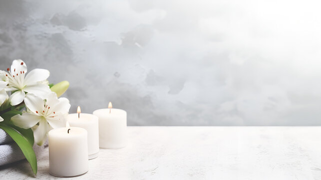 A minimalist luxury spa resort concept filled with light, accented by white lily flowers and candlelight, with ample space for advertising text on the white marble surface.