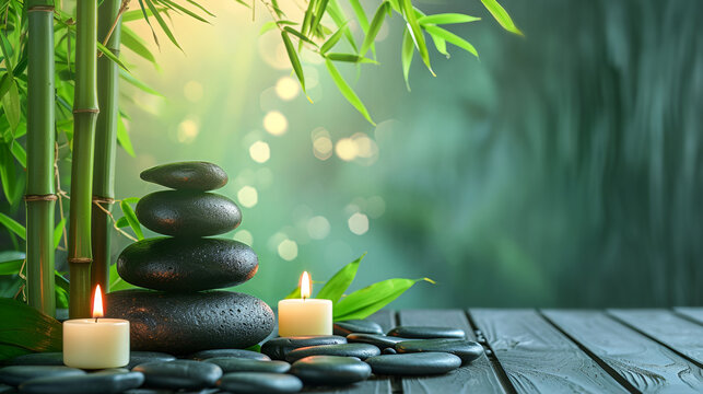 A calm backdrop for spa treatments and massages. balanced black stones, candles and bamboo leaves on a green background with bokeh effect on a textured wooden surface with copy space.