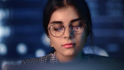 Woman big data analyzing working laptop cyberspace futuristic digital technology database closeup - Powered by Adobe