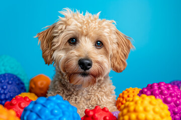 Joyful Labradoodle Pup Amidst Colorful Toys