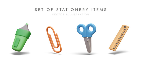 Set of 3D stationery isolated items. Green marker, orange paper clip, blue scissors, ruler