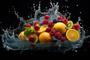 Fresh fruit splashing into clear water, Fresh fruits into clear water splash background, panorama...