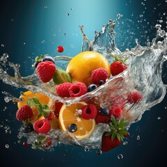 Fresh fruit splashing into clear water, Fresh fruits into clear water splash background, panorama...