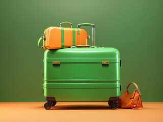 Green luggage ready for travel on lush orange background design, 3D Rendering design.