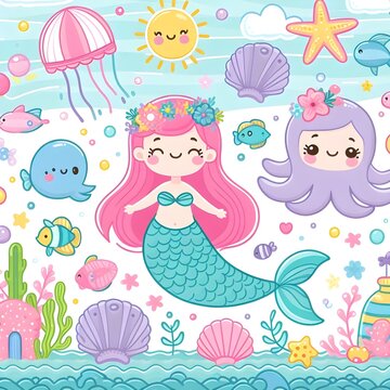  Cute 3D Mermaid Colorful illustration background