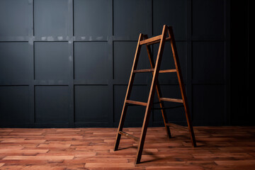 wooden staircase on a dark blue wall background. decor for photo shoots in a photo studio