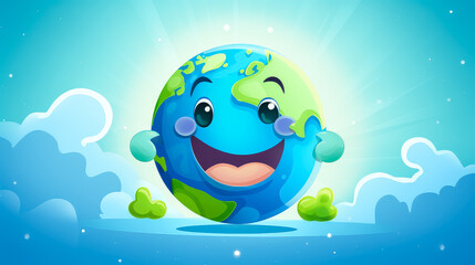 Naklejka premium Cartoon planet earth smiling. On a blue background in the clouds. World environment day and Eco-friendly concept. Save the world illustration. Earth day post greeting. Free space for text, Copy Space