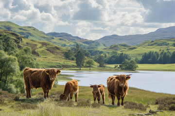 Fototapeta na wymiar Highland Cow Family in Scotland's Hinterland