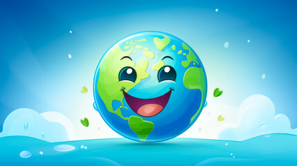 Cartoon planet earth smiling. On a blue background in the clouds. World environment day and Eco-friendly concept. Save the world illustration. Earth day post greeting. Free space for text, Copy Space