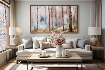 Elevate the ambiance of your living room with a simple frame featuring a stunning nature painting, introducing a harmonious blend of art and the outdoors.