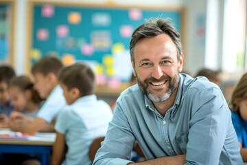 Cheerful Male Teacher in Elementary Classroom: Captivating Portrait with Engaged Students Learning in the Background