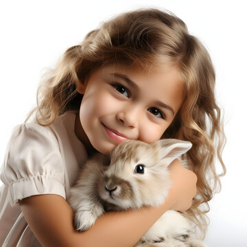 A young girl cuddling a rabbit at a petting zoo isolated on white background, realistic, png
