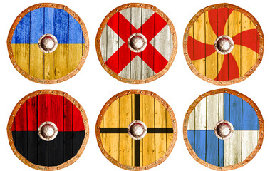 Set round traditional shields with viking or knights pattern
