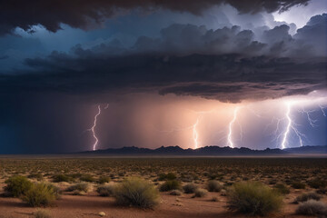 Dramatic view of heavy thunder storm coming over the desert