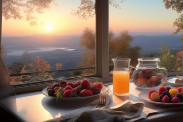 Mesa posta para o café da manhã ao lado de uma janela com linda paisagem ao nascer do sol. (gerado com IA) - obrazy, fototapety, plakaty